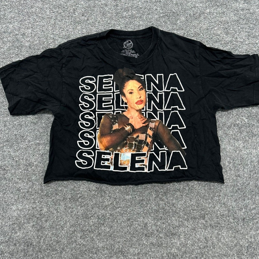 Selena Crop Top Womens Size M Black Cotton Graphic Print Raw Hem Short Sleeve